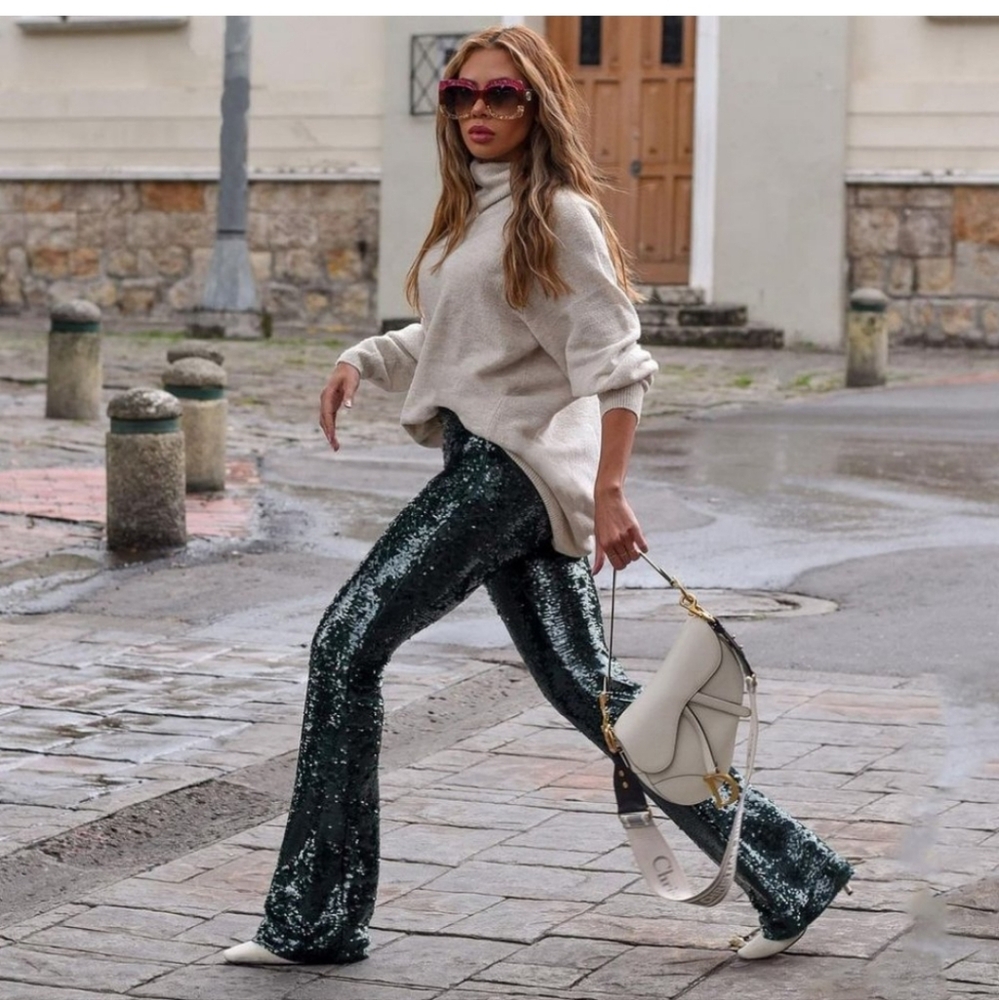 ZARA FLARED HIGH WAISTED GREEN SEQUIN PANTS SIZE M - Picture 4 of 16